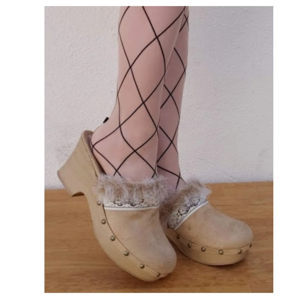 Vintage‎ 90s Dollhouse Fur Trim Suede Clogs